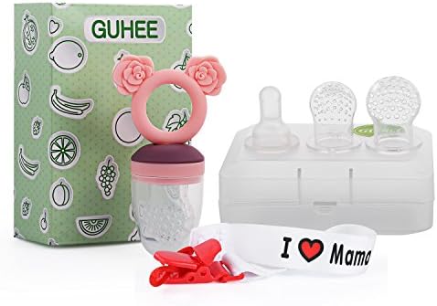 Baby Fresh Food Feeder Pacifier GUHEE Silicone Sac Teether Feeder Soother Fresh Food Feeder Infant Fruit Teething Toys 2 Extra Nipples for Babies Boys Girls (Pink)