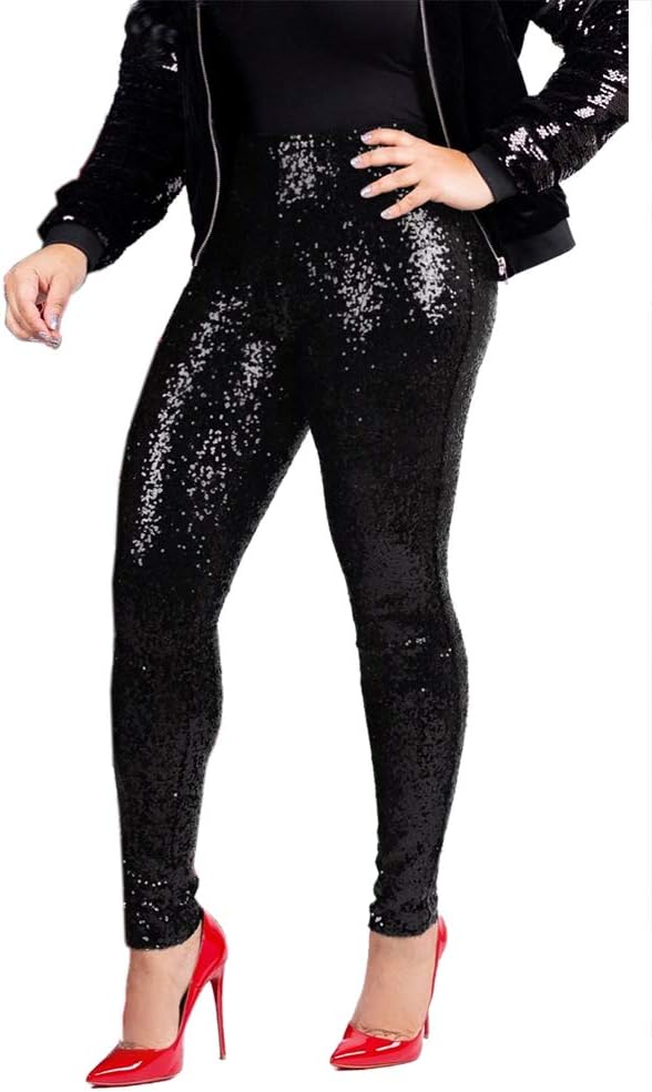 DingAng Women's Sequine Sparkle Party Stretchy Leggings Bling Tights High Waist Pants Black 2XL
