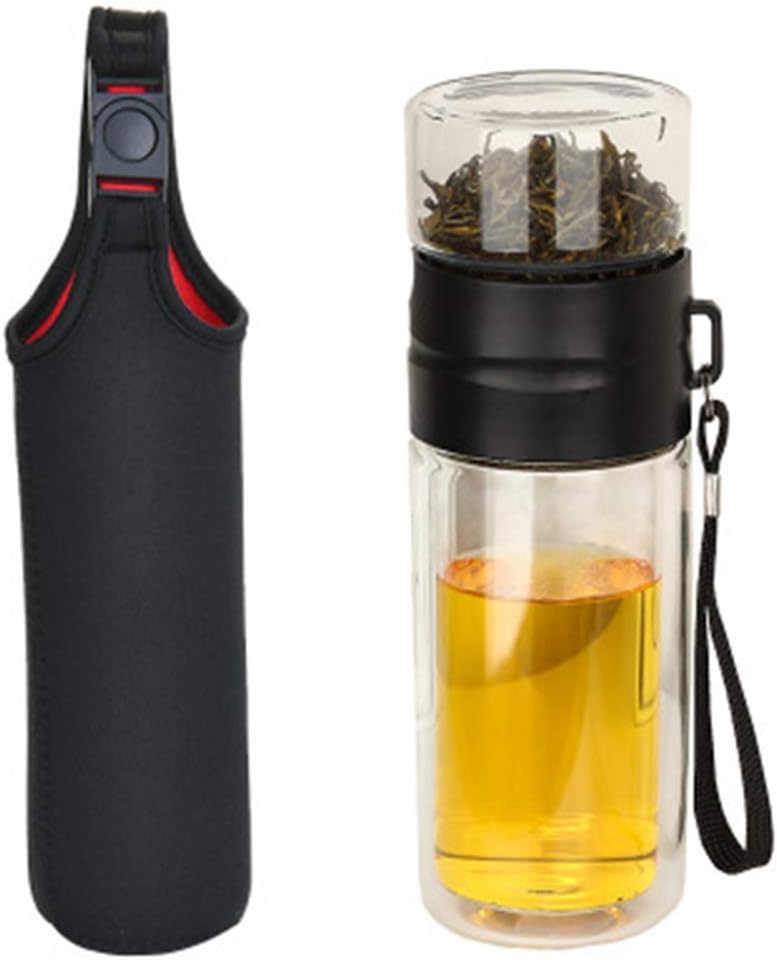 Loopunk Double Wall Glass Water Bottle Tea and Water Separation Bottle Mug Cup with Tea Infuser Home Office