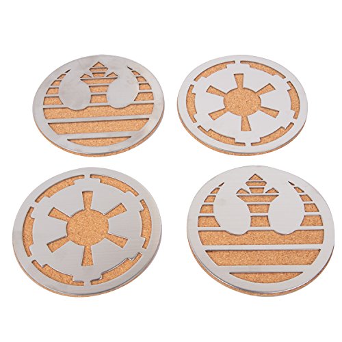 Star Wars Coasters, Set of 4 - Cork with Laser Cut Steel Rebel and Imperial Logos - 4" Round