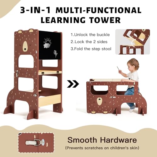 labebe Montessori Tower Kids Large Size Wooden Folding Montessori Tower 3 in 1 Multifunctional Montessori Tower with Blackboard Brown Bear