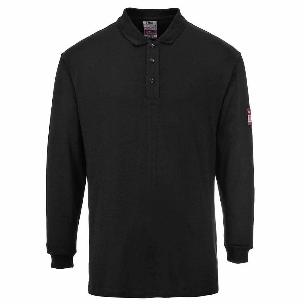 Portwest FR10 Men's Flame Resistant Anti-Static Long Sleeve Polo Shirt - Lightweight Fireproof Welding ESD FR Safety Workwear, Black, M