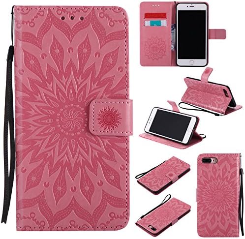 iPhone 8 Plus Case, Binguowang PU Leather Flip Wallet Case Emboss Sun Flower Pattern Folio Magnetic Protective Cover Case with Card Slots for Apple iPhone 8 Plus 2017/iPhone 7 Plus 2016. (Pink)