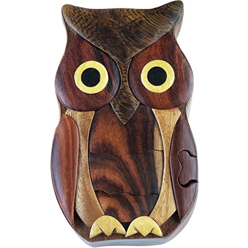 Hand Carved in Vietnam Wooden Puzzle Box- Intarsia Wood Art - Owl II