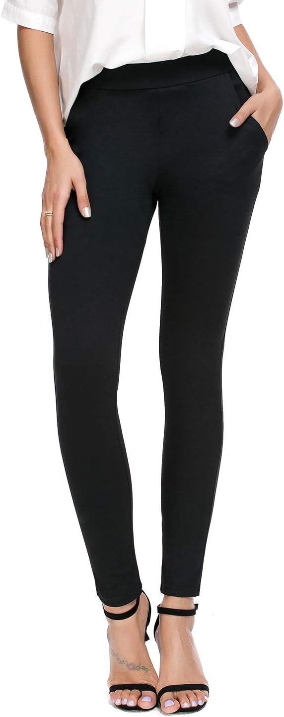 Bamans Women's Skinny Leg Work Pull on Slim Stretch Yoga Dress Pants w/Tummy Control,Black S