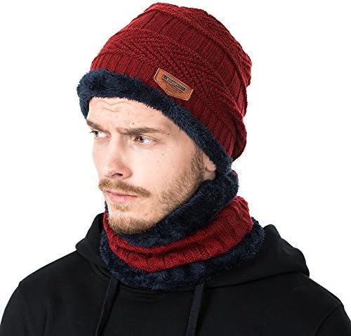 Winter Knit Hat Scarf Set, Warm Thick Knit Skull Cap For Men/Women (Wine Red)