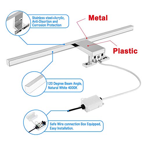 Lampada da specchio a LED 10W 820LM Lampada da bagno Azhien, Neutral White Lampada da parete a LED 4000K LED IP44 Lampada da bagno a specchio 230V acciaio inox 60cm