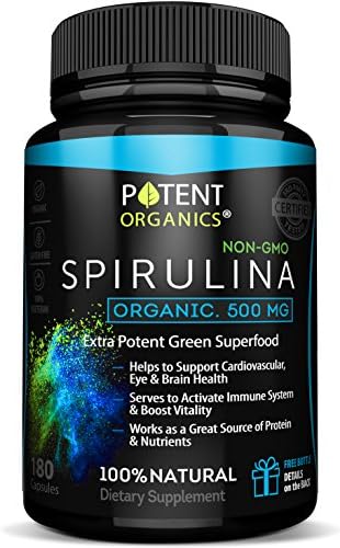 Eco-Pure Spirulina 500 mg – Organic, 100% Vegetarian &amp; Non-GMO – No After Taste and Easy to Swallow Pills – Non-Irradiated Superfood Tablets – 180 Powder Capsules – Made in USA