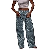 Pivanzore Y2K Polka Dot Jeans Women Vintage Stretch Wide Leg Denim Pants Casual Distressed Baggy Boyfriend Jeans with Pockets