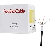 FiveStarCable 1000Ft Cat6 Outdoor Shielded Ethernet Cable - 23AWG, 350MHz, UV Resistant, FTP, ETL Listed - Black Bulk LAN Cable for Gigabit Ethernet, Router, and Network Installations