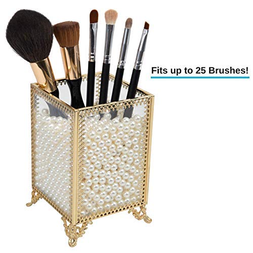 Houseables Makeup Brush Holder, Cosmetic Organizer, 4”W x 5.5”H, White Pearls, Brass Jar, Glass Panels, Dressing Table Accessories, Decorative Vanity Storage, Gold Cup, Clear Countertop Container - Thumbnail 4