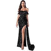 Giffniseti Women's Off The Shoulder Sequin Prom Maxi Dress Elegant Backless Evening Party Gown with Slit