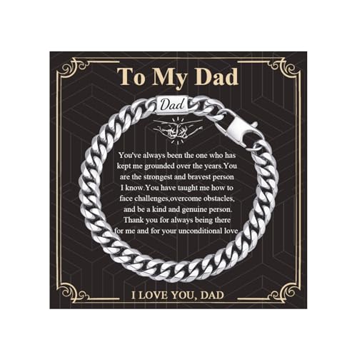 Gamtic Men's Bracelets Fathers' Day Gift - Engraved Silver Cuban Chain Bracelet Love Massage Personalised Dad Bracelets Birthday Valentines Christmas Presents for Men Father Daddy