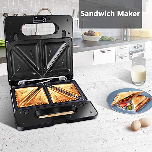Vsadey Waffle Maker, 3-in-1 Sandwich Maker Waffle Iron and Panini Press Grill with Non-stick Coating, Detachable Plate, LED Operating Indicator, Cool Touch Handle