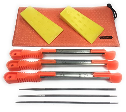 Cataumet Tree Felling Wedge Chainsaw Sharpener File Kit, 2 Felling Wedge Size 5.5” IN, Spiked ABS Plastic, 3 Chainsaw File Sizes 5/32”, 3/16”, 7/32” With Non Slip Handle Sharpening Guides, 1 Field Bag