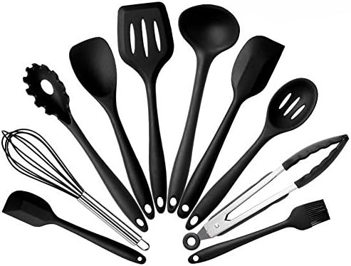 MAIKEHIGH Kitchen Utensil Set Silicone Heat-Resistant Non-Stick Kitchen Utensils Cooking Tools 10 Pieces With Tongs, Turner Spatula, Flex Spatula, Pasta Server, Serving Spoon Deep Ladle, Brush, Whisk