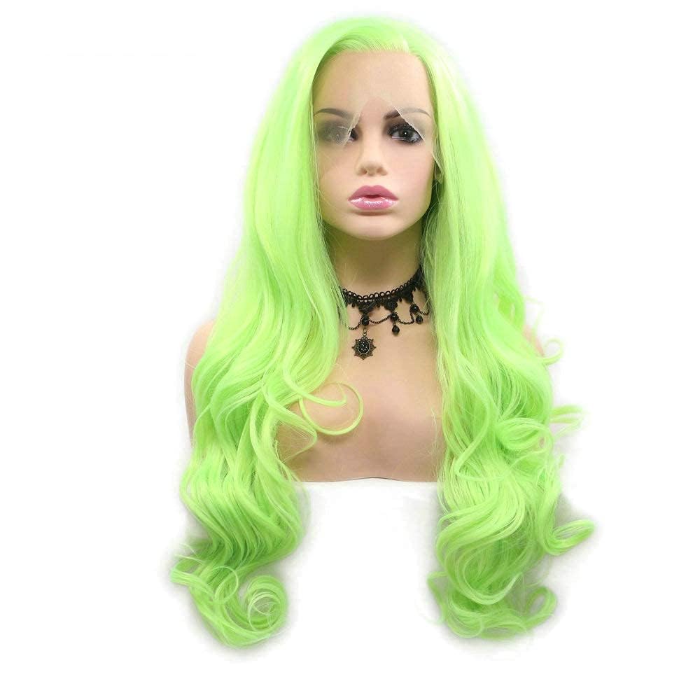 Fluorescent Green Lace Front Wigs Long Wavy Bright Green Heat Resistant Synthetic Hair Wigs Side Part Natural Hairline 24Inch