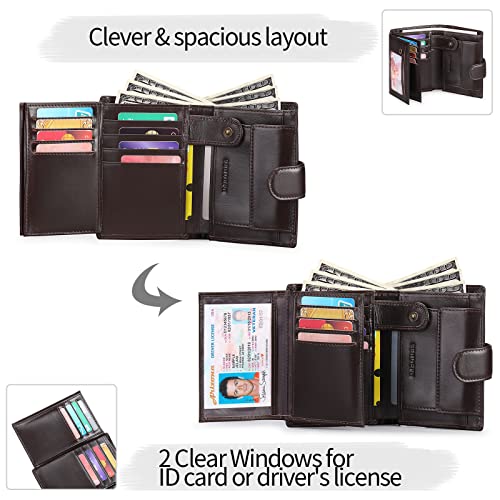 SENDEFN Men's Leather Wallet, RFID Blocking Wallet, Men's Vertical Wallet with 19 Card Slots, 3 Bill Slots, 1 Coin Pocket with Button