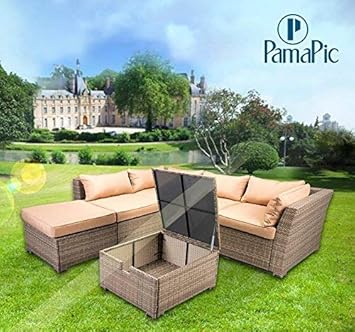 Amazon Com Pamapic 6pcs Outdoor Patio Furniture Set Pe Rattan Wicker Sofa Sectional Furniture Set Storage Box Function Sofa Set Beige Rattan And Cushions Garden Outdoor