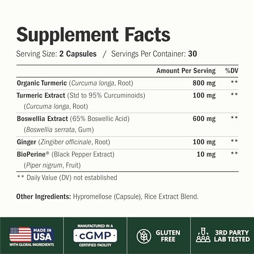 Boswellia Serrata Turmeric Curcumin Supplement: Organic Tumeric, Boswellia Extract, Ginger & BioPerine for Max Absorption – Inflammation & Joint Supplements for Men & Women – Non-GMO – 60 Capsules