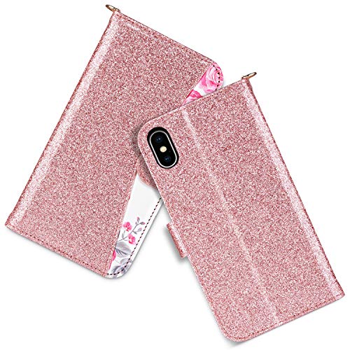 ULAK iPhone Xs Max Wallet Case, Premium PU Leather Case with Kickstand Card Holder ID Slot and Wristlet Shockproof Bling Glitter Protective Cover for Apple iPhone Xs Max (2018) - Rose Gold