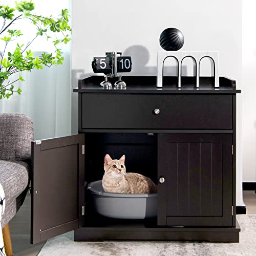 Tangkula Litter Box Enclosure, Cat Litter Box Furniture Hidden with