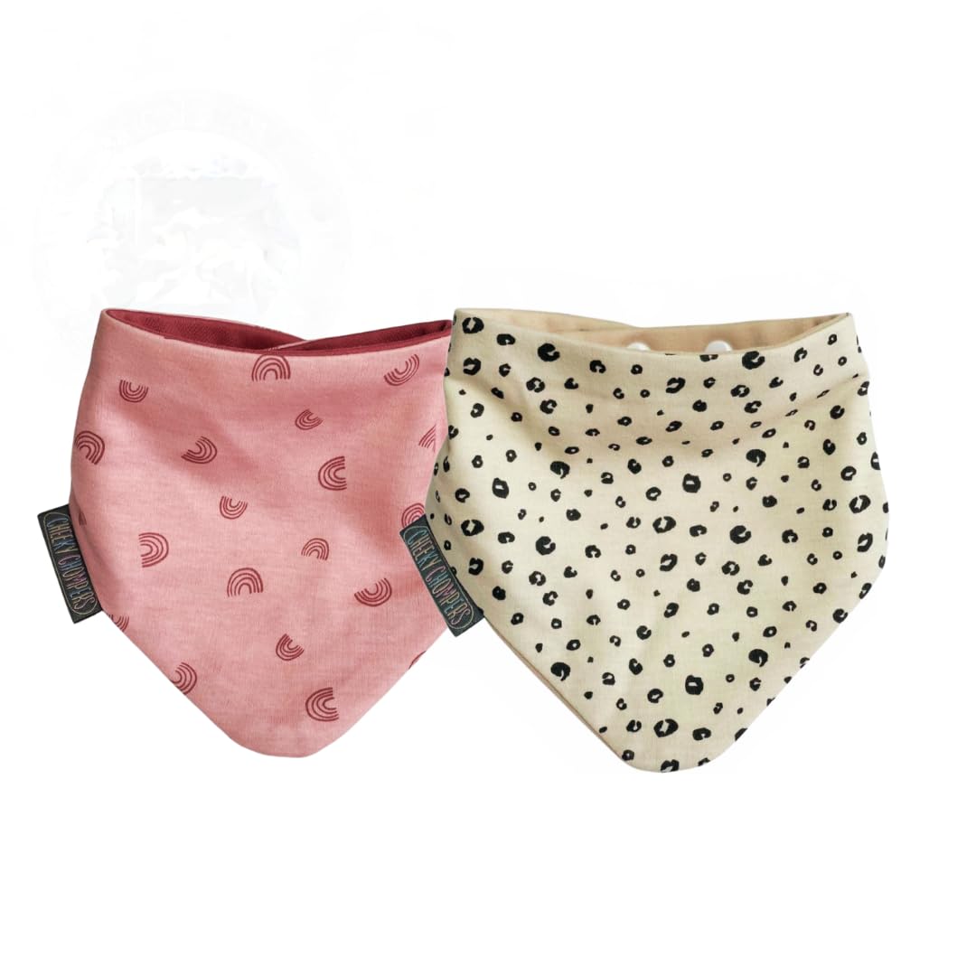 Cheeky Chompers Reversible Baby Dribble Bibs (2-pack) | Toddler Feeding Milk Bibs | Bandana Neckerchief Style | Baby Gift Set | Neckerbibs (Leopard Spot & Rainbow Rose)