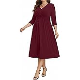 Talisea Plus Size Dress for Women Twist Knot V Neck 3/4 Sleeves A Line Wedding Guest Midi Dresses
