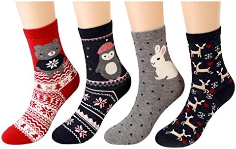 INWECH Women's Cute Animal Dog Socks - Christmas Gift Package Cotton Crew Socks 4 Pack(Christmas Reindeer)