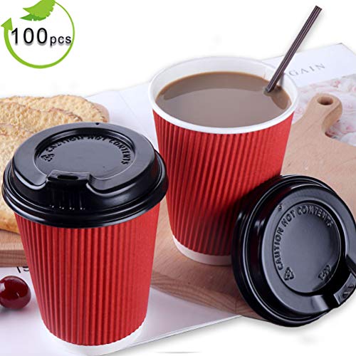 12oz Paper Coffee Cups With Lids and Straws, 100 Pcs Bulex Disposable To Go Coffee Cups Red Paper Cups for Hot Beverages - Thumbnail 6