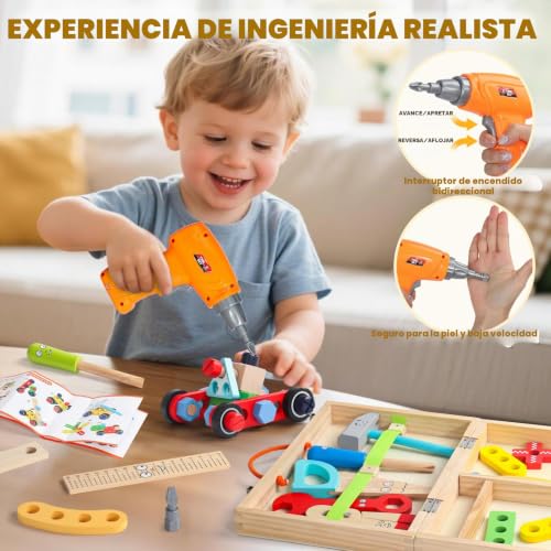 Toys Children 3 Years Old Gift Boy Girl 3 4 Years, Wooden Tool Box Toy with Electric Drill, Montessori Toys Educational Games Boys Girls 3 4 Years Old (44 Pieces)
