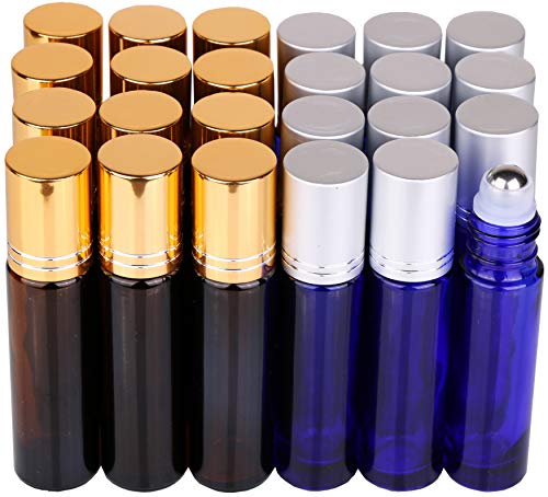 24 Pack (12 Amber+12 Cobalt Blue) Roller Bottles,10ml Thick Glass Roll on Bottle with Big Steel Ball for Essential Oil Perfume + Droppers(3) +Opener(1)+Funnel(1) +Extra Roller Ball(1) +Labels(24)