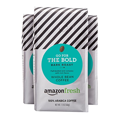 AmazonFresh Go For The Bold, 100% Arabica Coffee, Dark Roast, Whole Bean, 12 Ounce, Pack of 3