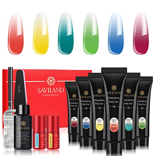 Saviland Poly Gel Nail Kit - Color Changing Nail Polish 6 Colors Builder Gel Thermal Nail Polish Nail Extension Nail Enhancement for Gel Polish Starter and Professional Nail Technician Gift Set