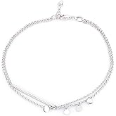 Vanbelle Sterling Silver Jewelry - Rhodium Plated with 925 Stamp - Double Layered Chain Circle & Bar Charms Anklet - Elegant handcrafted Stylish Designed for Women- 9" long + 1" extender
