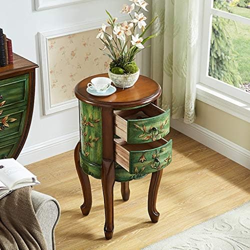 HLZZK Rubberwood End Table Accent Table 2 Drawers Narrow Nightstand for Living Room Sofa Table Small Round Retro Side Table for Small Spaces Vintage Accent Coffee Table (Color : Green)
