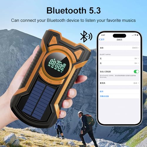 Rechargeable Portable Radio Dynamo with LED Flashlight, Power Bank 5000mAh AM/FM Radio Crank Solar, SOS Alarm/Flashlight/3W Speakers, Outdoor, Emergency