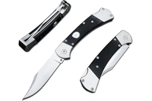 HUAAO push button assisted opening Folding Knife,440C Stainless Steel Blade, Backlock G10 Handle with Leather Sheath, EDC Pocket Knives for Men (Black)