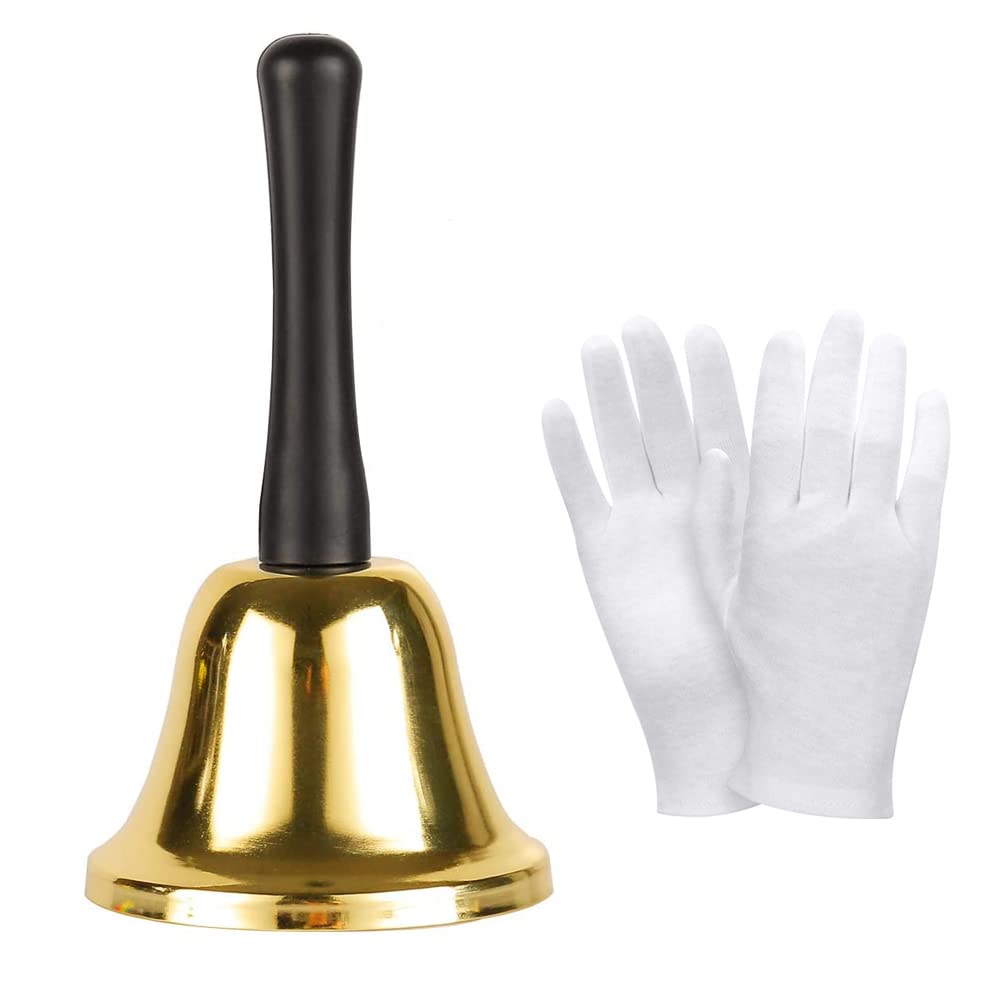 Hand Bell Stainless Steel Santa Bell Tea Bell with Handle, Christmas Ringing Dinner Bell Attention School Bell Service Counter Reception Bell Hand Bell for Adults with White Gloves, Gold