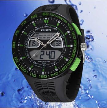TODDCAHALAN OHSEN LCD Dual Core Men's Date Stopwatch Rubber Band Sport Quartz Wrist Watches Green