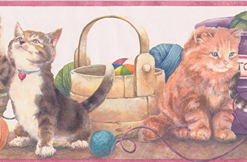 Cats in Baskets Thread Balls Kids Wallpaper Border Retro Design, Roll 15' x 7''