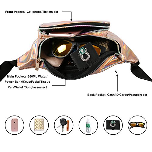 MUM'S MEMORY Holographic Fanny Packs for Women – Outdoor Sport Waist Pack for Running, Hiking, Traveling for Men (Rose Gold)