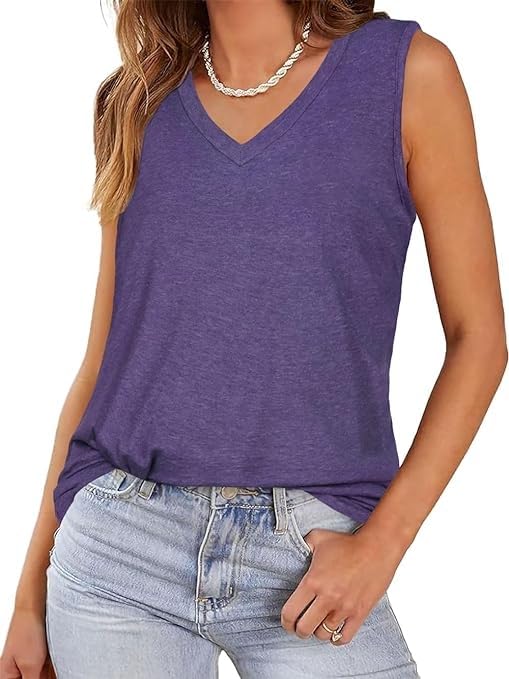 Photo 1 of Women V Neck Tank Top Sleeveless Blouse Solid Color Tunic Summer Workout Tee Shirts (Purple,L)