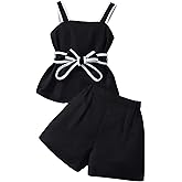 Verdusa Girl's 2 Piece Brunch Outfits Bow Knot Belted Contrast Trim Tank Tops with Shorts Comfy Sets