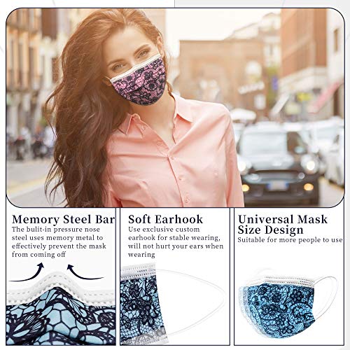 Lace Disposable Face Masks, 3 ply Earloop Printed Lace Face Masks, Soft Fashion Masks for Women with Designs, Fancy Patterned Breathable Face Mask with Adjustable Nose Wire - 30PCS