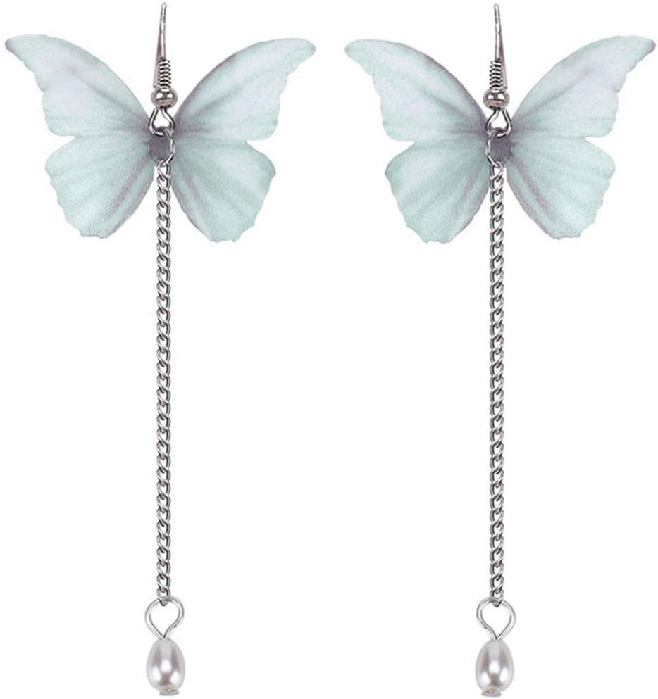 EJY Simple Summer Tulle Butterfly Pearl Pendant Crystal Elegant Earrings (green)