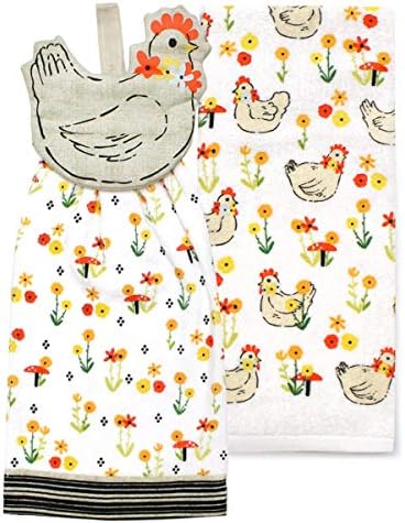Celebrate Country Kitchen Towels, Set of 2 Cotton Dishtowels, Hen Tie Top Chickens for Farmhouse Kitchen Decor