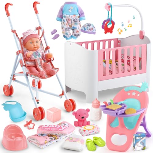 Baby Doll Crib and Stroller Accessories Play Set with 11