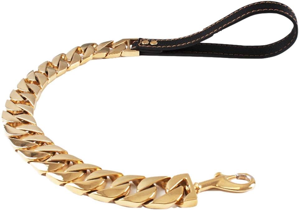 YOLANDE 32mm Gold Heavy Duty Chew Proof Metal Basic Dog Chain Lead Leash with Padded Nylon Handle for Large Size Dog 70cm/80cm/90cm/100cm