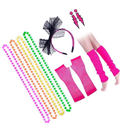 Lvcky 11Pcs Colorful Neon Bead Necklaces Lace Bow Headband Lightning Bolt Earrings Fingerless Fishnet Arm Warmers Leg Warmers Fancy 80s Party Costume Accessories Set